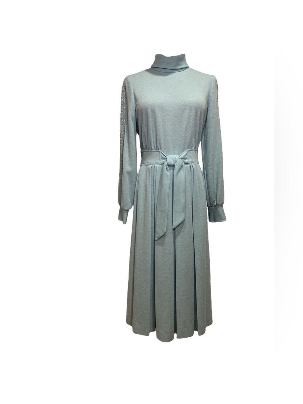 70s ICE BLUE MODEST MIDI DRESS HIGH NECK LACE INSERT SLEEVES PLEATED SKIRT SZ 8 - Picture 4 of 7
